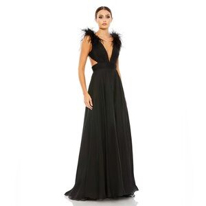 Mac Duggal Plunge Osterich Feather A Line Gown